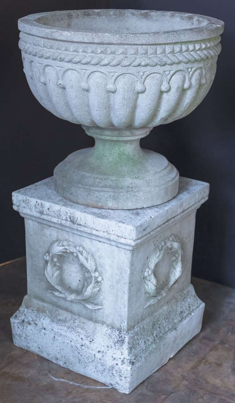 Pair of Large English Garden Stone Urns on Plinths (Priced as a Pair) 2