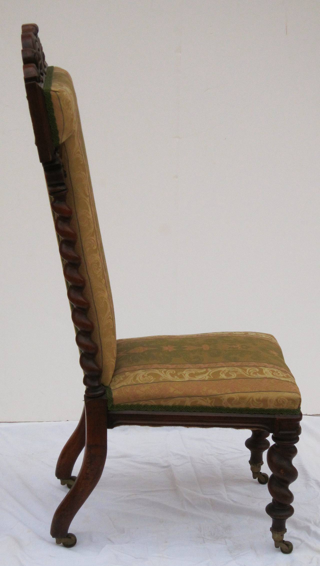 Brass English Prayer Chair of Carved Walnut