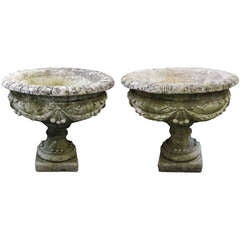 Pair of Large English Garden Stone Urns with Garlands of Fruit (Priced Individually)