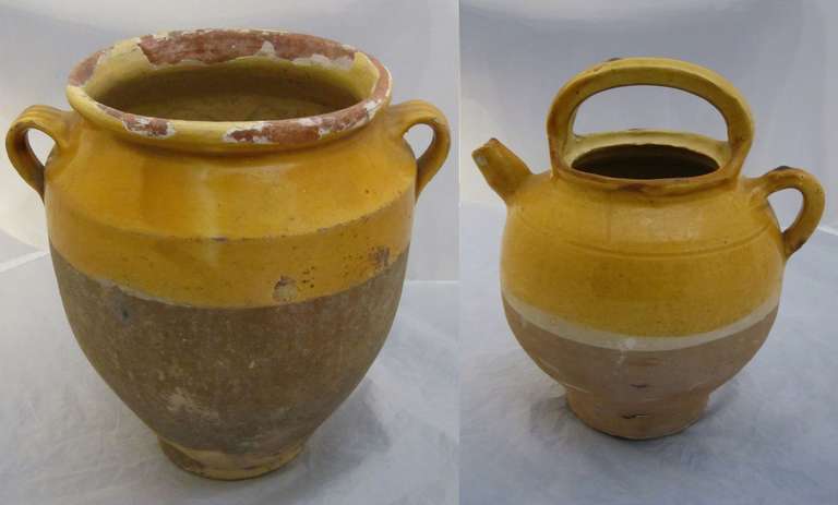 A selection of vintage French ochre glaze confit pots:

A large French confit jar (left in the main picture).
Measurements: H 12