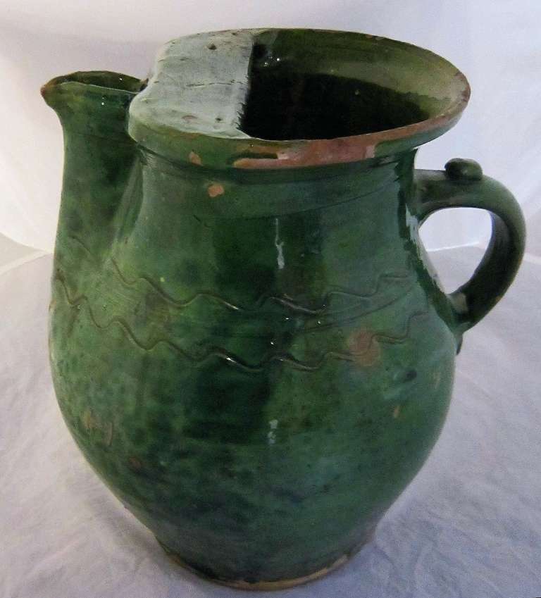 French Green Glaze Jug of Rare Form, circa 1830 In Excellent Condition In Austin, TX