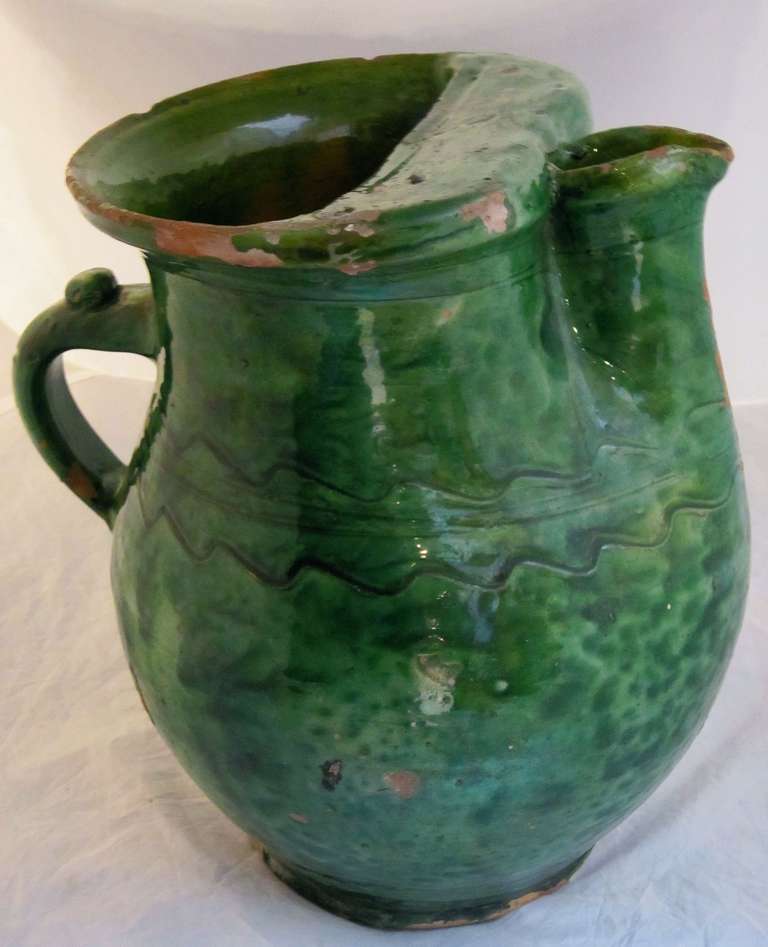 Glazed French Green Glaze Jug of Rare Form, circa 1830