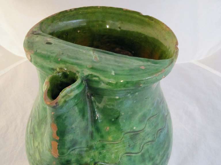 Earthenware French Green Glaze Jug of Rare Form, circa 1830