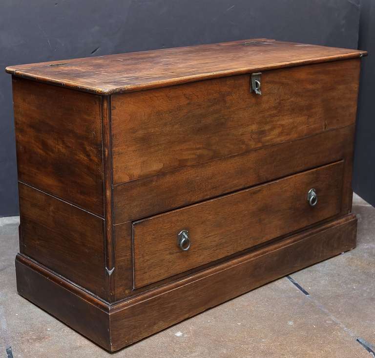 A large English estate mule chest or blanket chest (storage cabinet) of teak wood, featuring a hinged moulded top lid opening to a deep area for storing blankets, etc.. Fitted long drawer with pull handles below. Set upon a moulded plinth base.
