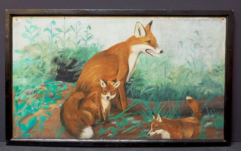An authentic large English pub sign (one-sided) featuring a scenic painting of foxes among foliage, untitled.

Dimensions: H 36
