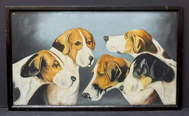 An authentic large English pub sign (one-sided) featuring a scenic painting of hounds, untitled.

Dimensions: H 36
