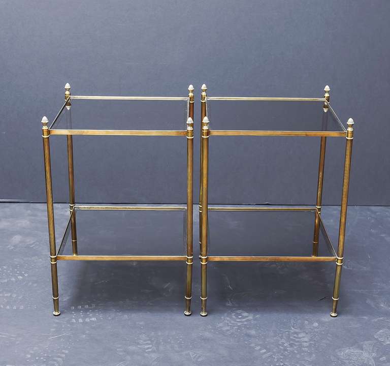 Pair of Smoked Glass and Brass End Tables In Excellent Condition In Austin, TX