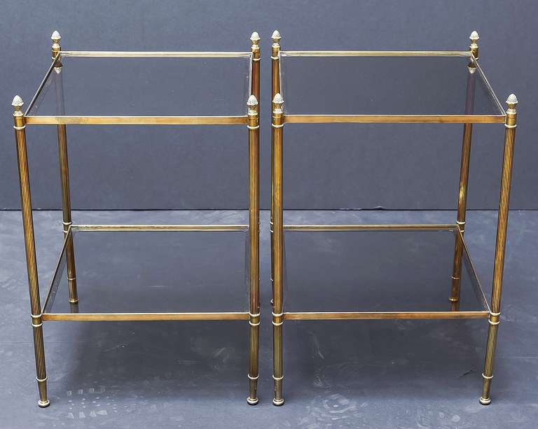 English Pair of Smoked Glass and Brass End Tables