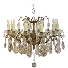 Italian Bronze and Crystal Drop Twelve-Light Chandelier