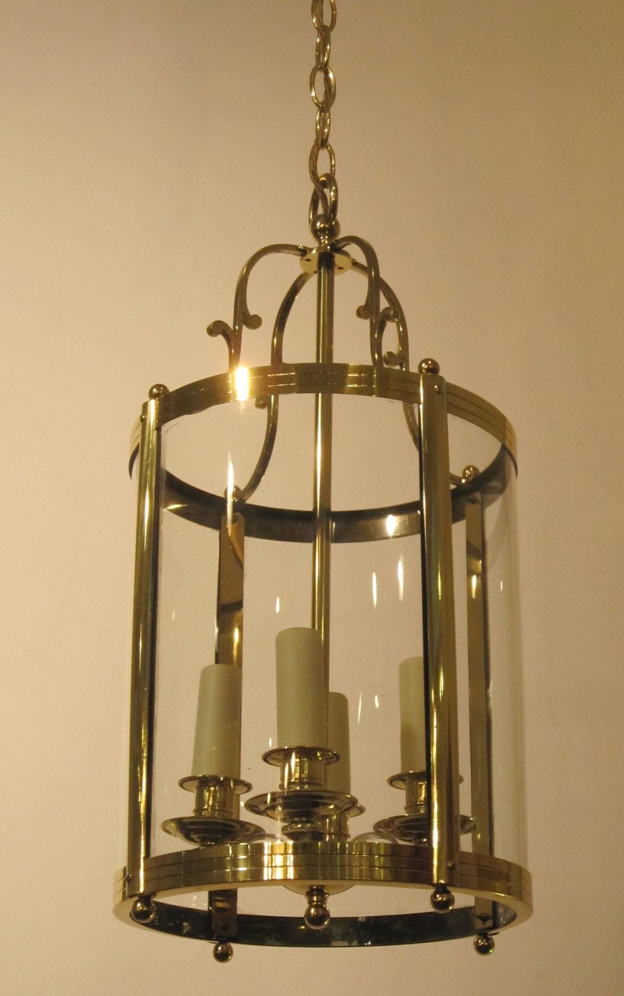 French Four-Light Hanging Lantern of Brass and Glass In Excellent Condition In Austin, TX