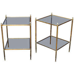 Pair of Smoked Glass and Brass End Tables