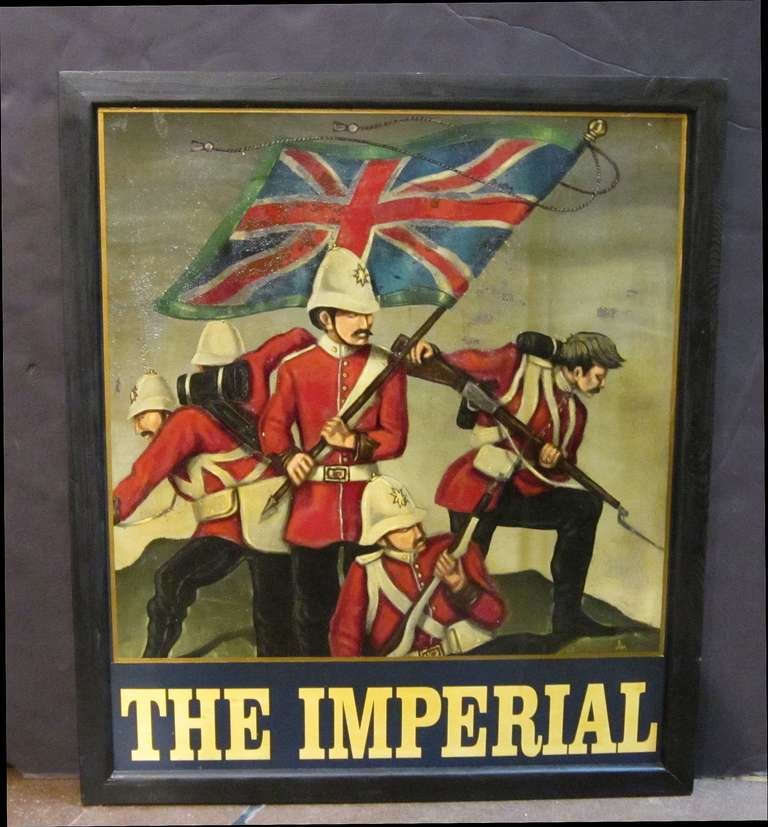 An authentic English pub sign (one-sided) featuring a painting of five British soldiers defending a Union Jack flag, entitled: Ye George Inn

A very fine example of vintage advertising artwork, ready for display.