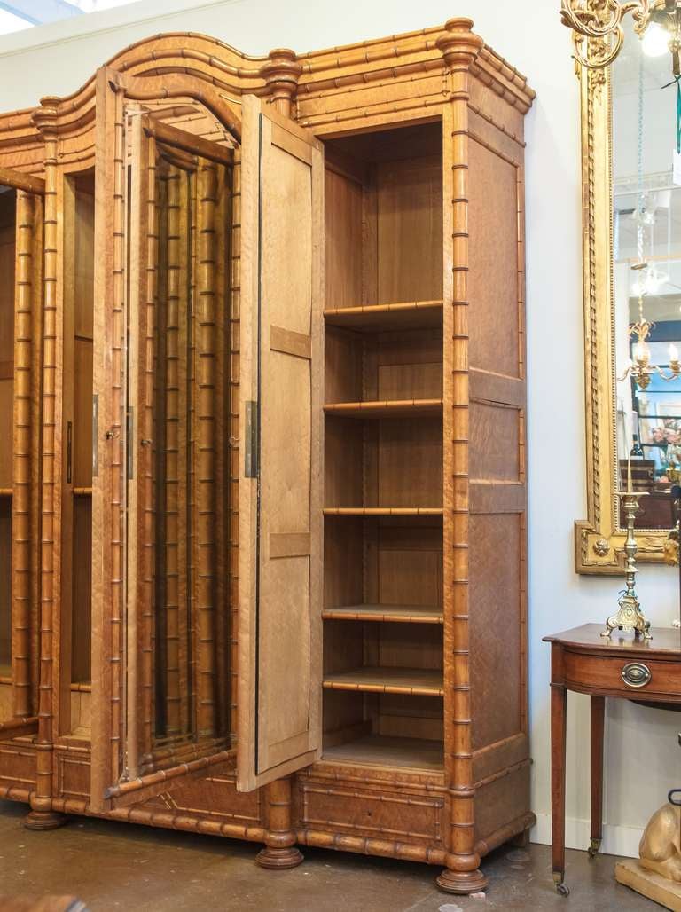 Faux Bamboo Three-Door Armoire of Curly Maple In Excellent Condition In Austin, TX