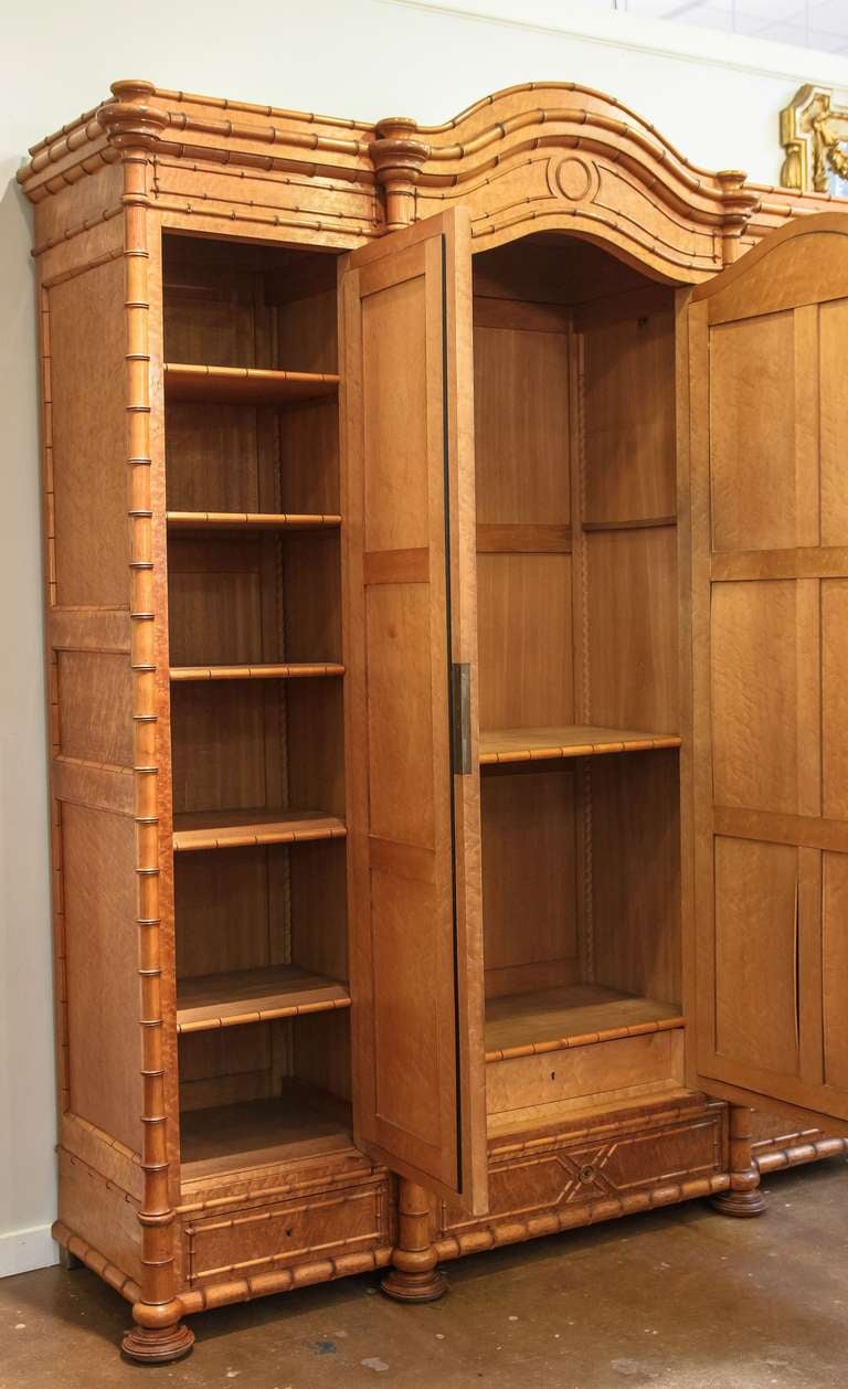 French Faux Bamboo Three-Door Armoire of Curly Maple