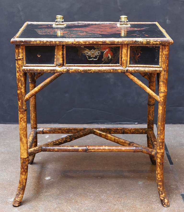 English Bamboo Writing Desk with Inkwells In Excellent Condition In Austin, TX