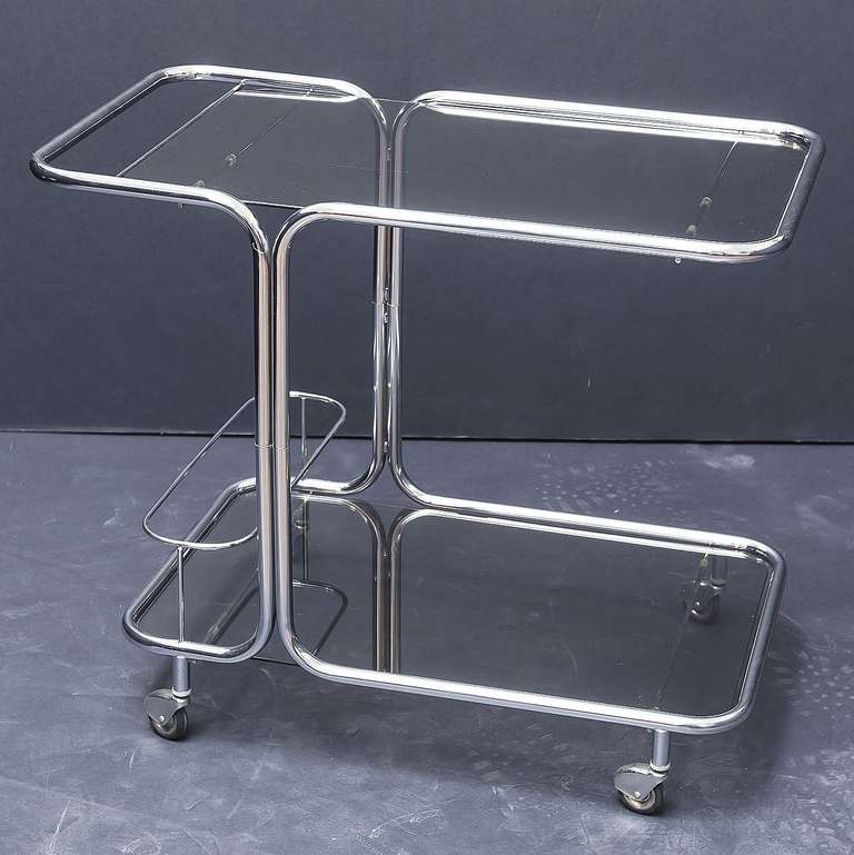 French Drinks Cart or Trolley of Chrome and Tinted Glass