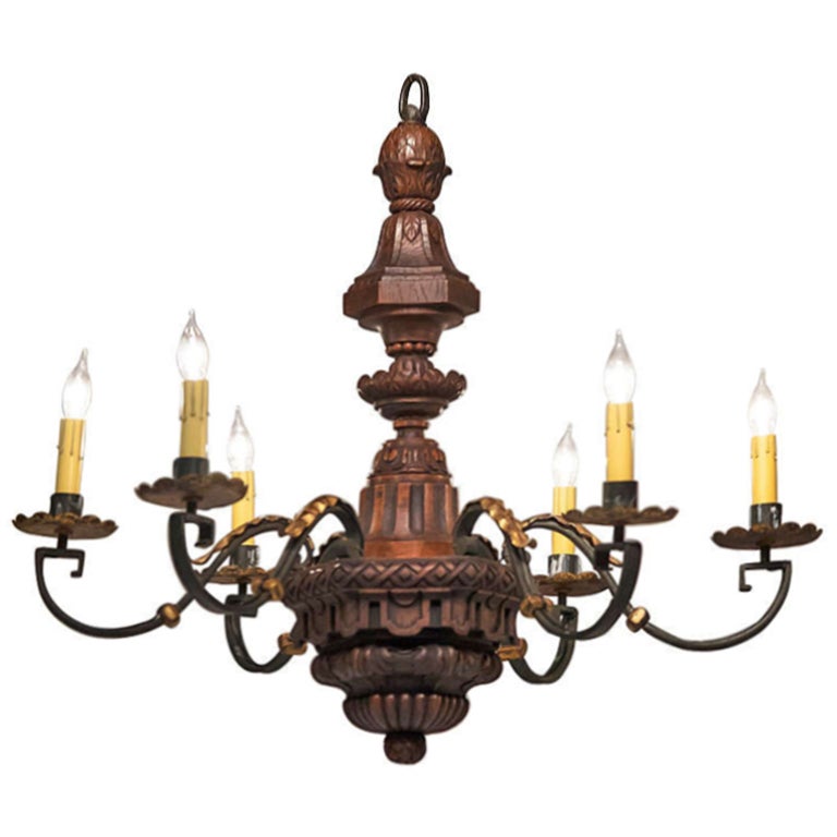 French Six-Arm Hanging Light Fixture of Chestnut