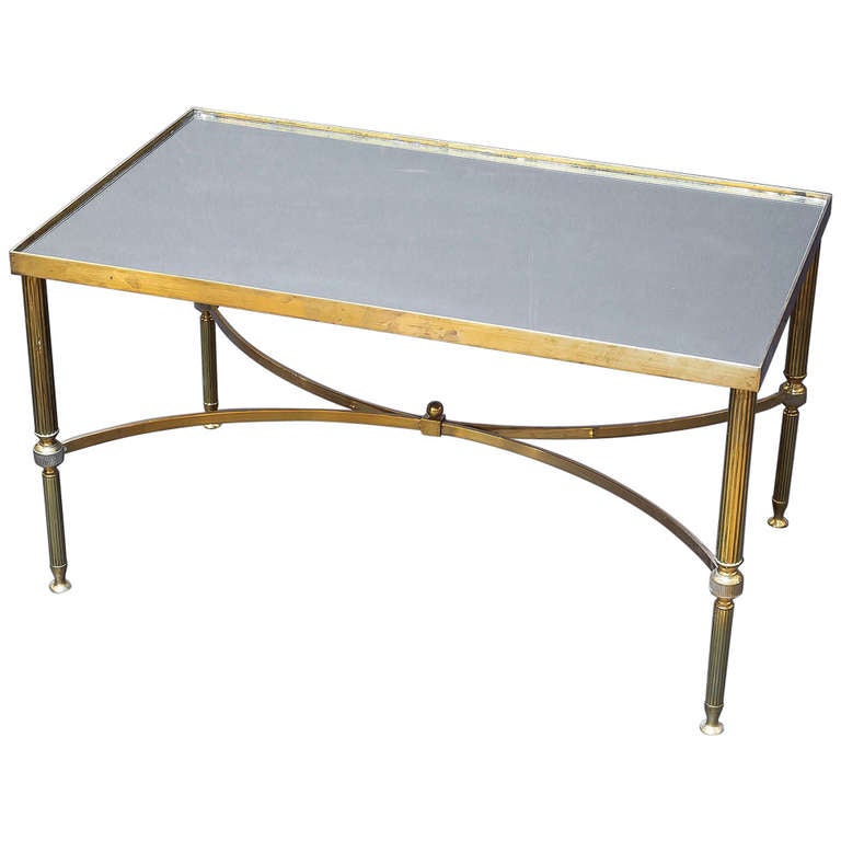 French Low Table of Brass with Mirrored Glass Top