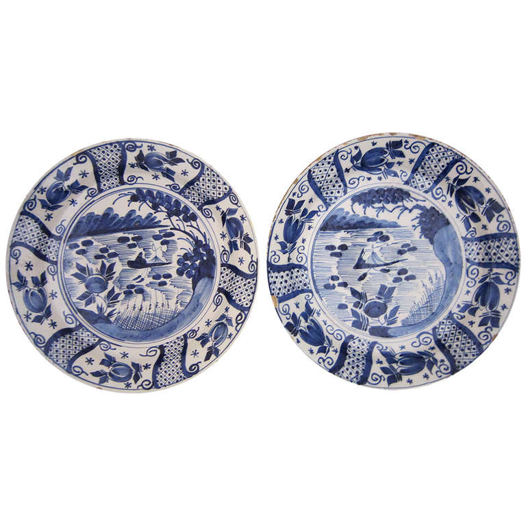 Pair of Early Dutch Delft 14" Chargers (Priced Individually)