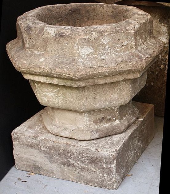 Pair of Octagonal Cut Stone Garden Planters on Plinths