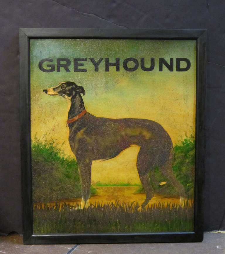 An authentic English pub sign (one-sided) featuring a painting of a greyhound dog, entitled: Greyhound

A very fine example of vintage advertising artwork, ready for display.