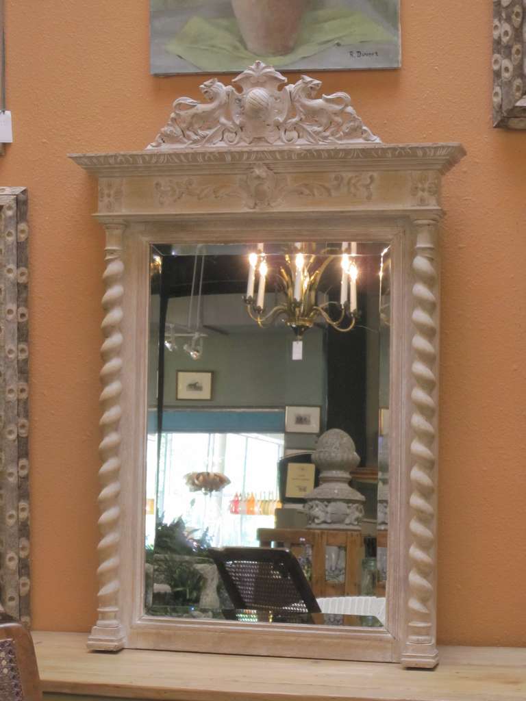 18th Century White-Washed Carved Wood Mirror with Barley Twist In Excellent Condition In Austin, TX