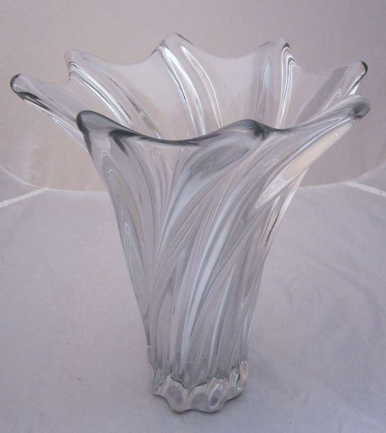 A lovely art Vannes large flower vase in crystal, twisted in a spiral with fluted top- a stylish piece of French art glass.