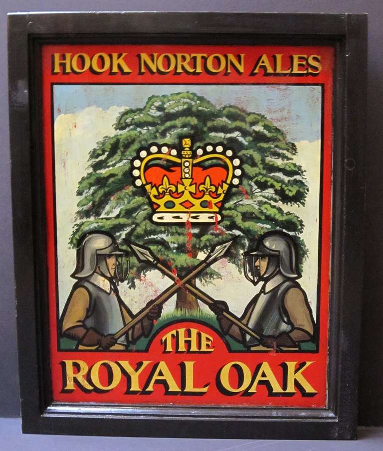 An authentic English pub sign (two-sided) featuring a scenic painting of a large oak tree and a royal crown flanked by two helmeted knights with polearms, entitled: The Royal Oak (Hook Norton Ales)

A very fine example of vintage advertising