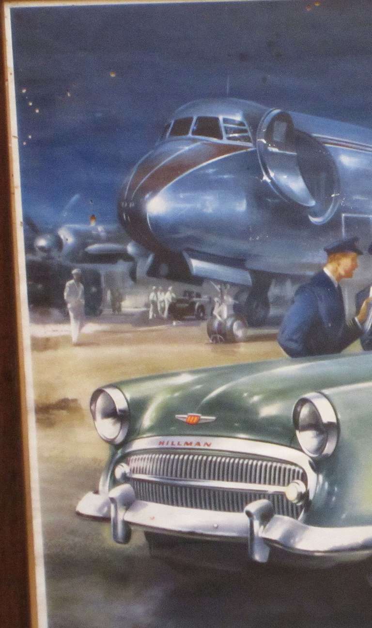 Large English Hillman Car Print, Framed Under Glass In Good Condition For Sale In Austin, TX