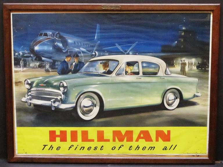 A vintage Hillman Autos car dealer's advertising promotional full color print showroom poster, framed under glass in original oak frame, titled: Hillman - the finest of them all.

This poster, circa 1957, features a Hillman Minx Deluxe Sedan sold