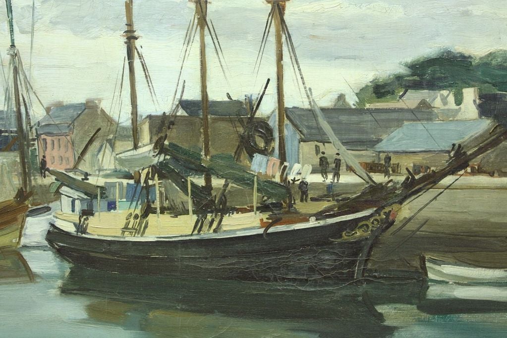 Framed Oil Painting of Ships by Constant Le Breton