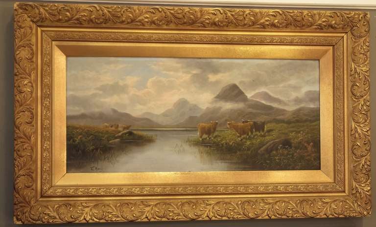 Pair of Scottish Oil Paintings of Highland Cattle by E. Heaton

Priced for individual sale, each painting features a scene of Highland cattle watering in a scenic landscape and is framed in a raised gilt over wood frame.

Signed: E.