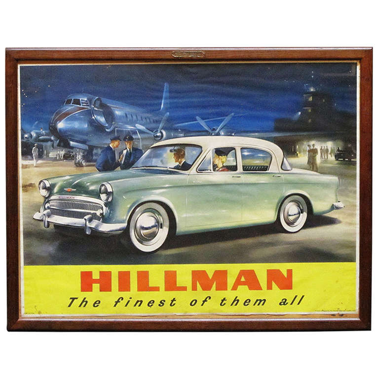 Large English Hillman Car Print, Framed Under Glass For Sale