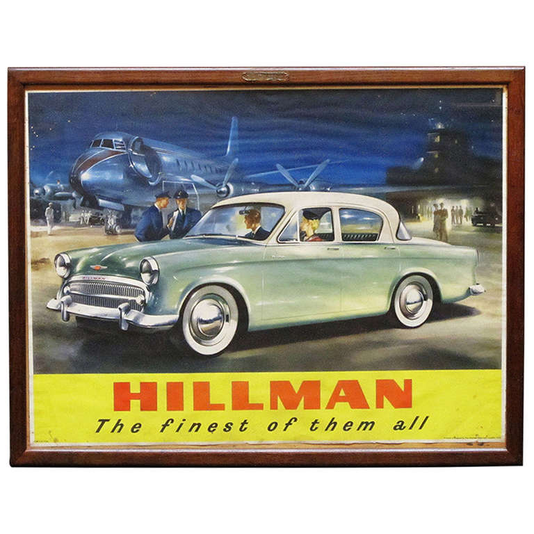 Grande estampe de voiture Hillman anglaise, encadrée sous verre