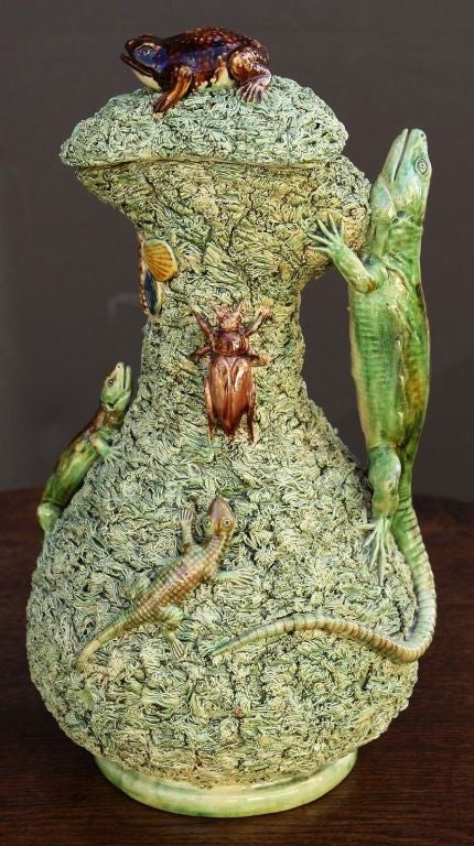 Portuguese Majolica Palissy Ewer with Cover by M. Mafra Caldas