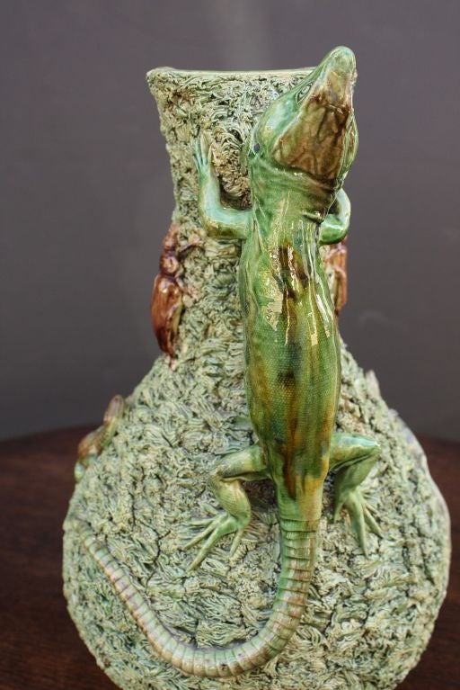 Majolica Palissy Ewer with Cover by M. Mafra Caldas In Excellent Condition In Austin, TX