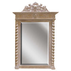 18th Century White-Washed Carved Wood Mirror with Barley Twist