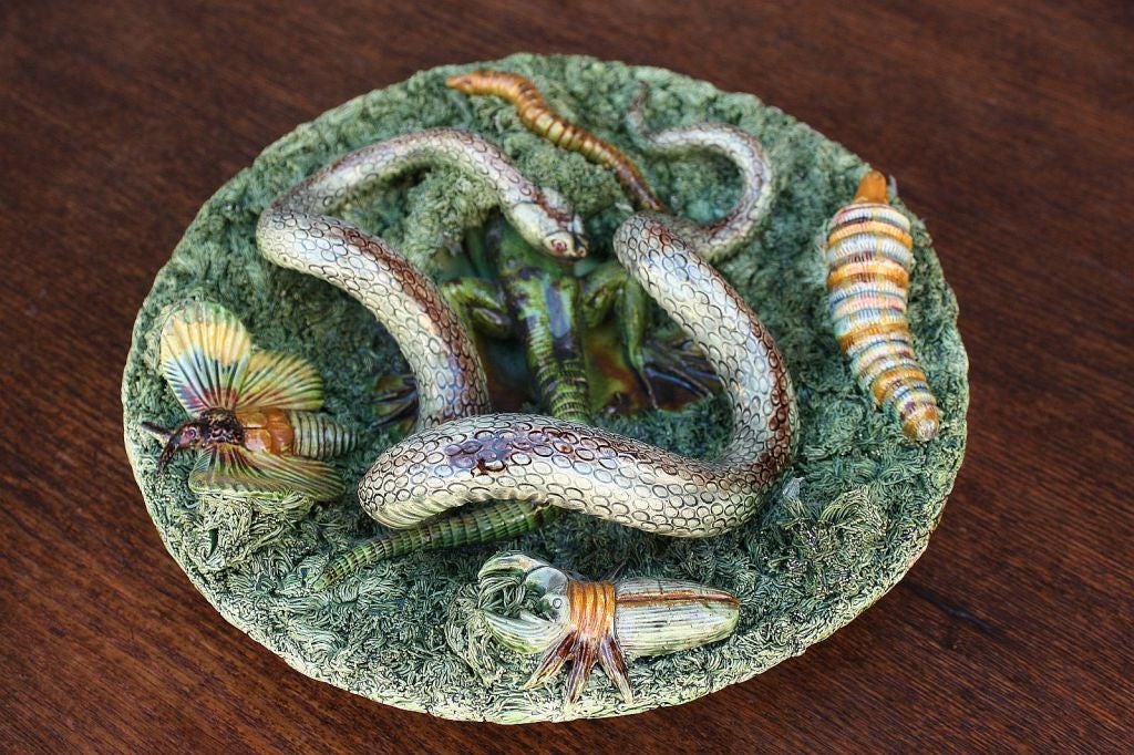 A wonderful 19th c. Majolica Palissy charger featuring a large snake, a lizard descending into a mossy burrow, an earthworm, a beetle, a caterpillar, and a moth or butterfly. All on a green mossy ground. A mottled, tortoise-coloured underside with