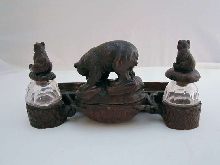 Glass Black Forest Ink Well Set - Bear with Cubs