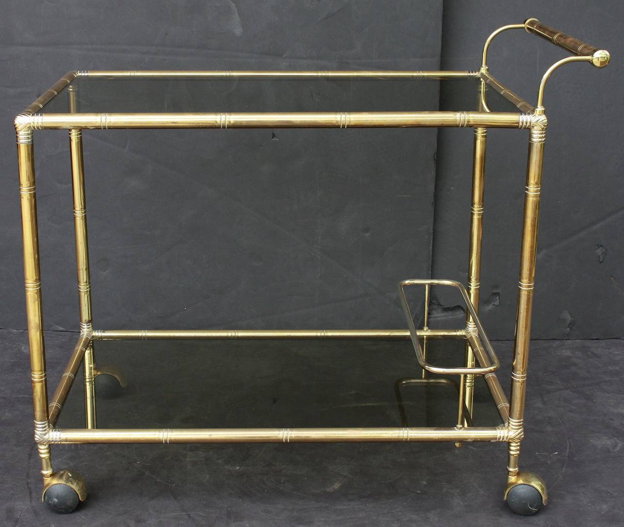 French Drinks Cart or Trolley of Brass and Smoked Glass with Bamboo Design In Excellent Condition In Austin, TX