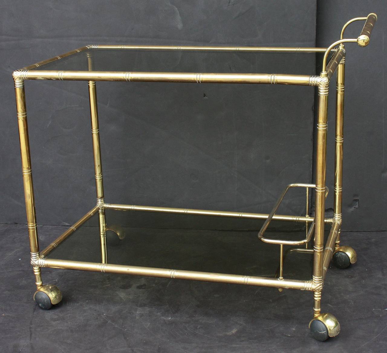 French Drinks Cart or Trolley of Brass and Smoked Glass with Bamboo Design 1