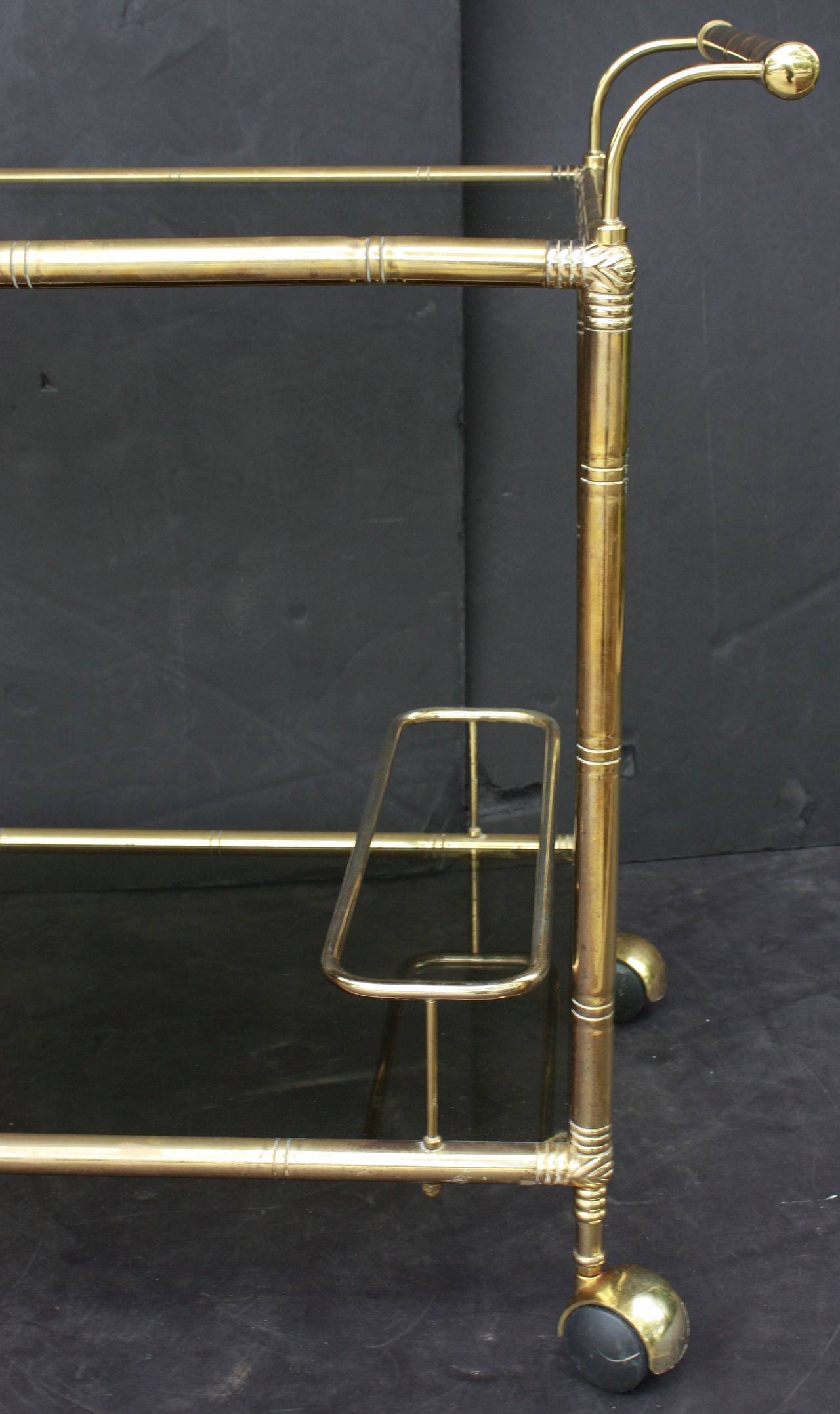 20th Century French Drinks Cart or Trolley of Brass and Smoked Glass with Bamboo Design