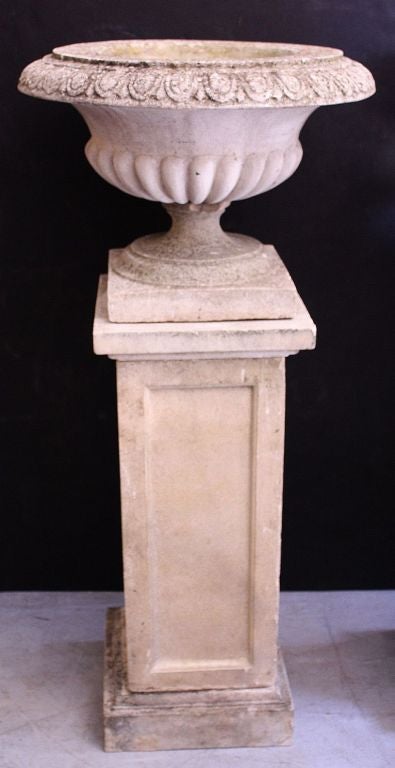English Garden Urns on Column Pedestal Plinths (Pair Available)