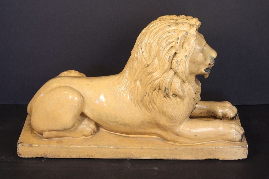 English Large Recumbent Lion of Glazed Stoneware from England For Sale