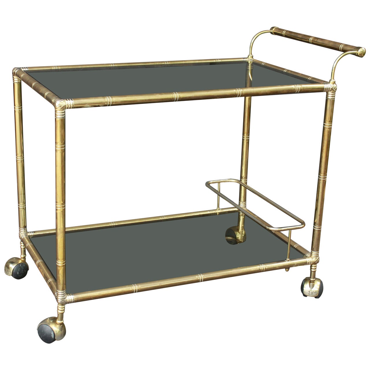 French Drinks Cart or Trolley of Brass and Smoked Glass with Bamboo Design