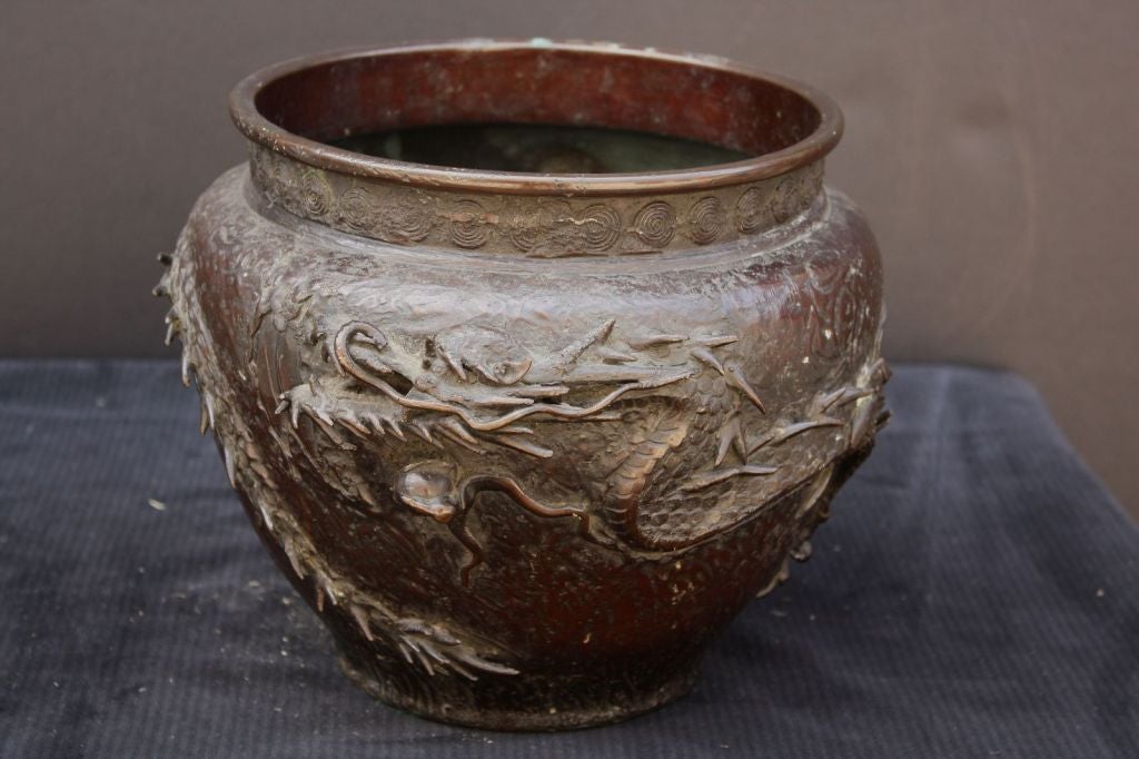 Une belle jardinière en bronze avec un dragon en relief autour de la circonférence:: du Japon de l'ère Meiji.<br />
<br />
Parfait pour une chambre de jardin ou un conservatoire !