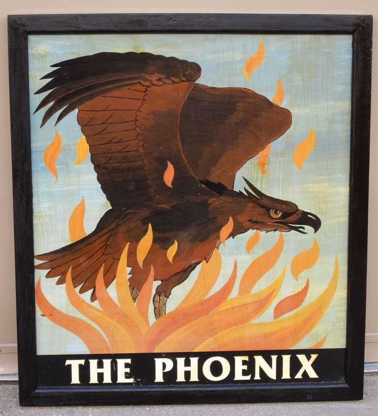An authentic English pub sign (one-sided) featuring a scenic painting of a phoenix (mythical bird) in flames, entitled: The Phoenix

In Greek mythology, a phoenix or phenix is a long-lived bird that is cyclically regenerated or reborn. Associated