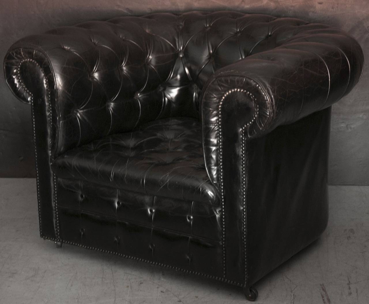 20th Century Pair of English Leather Chesterfield Club Chairs