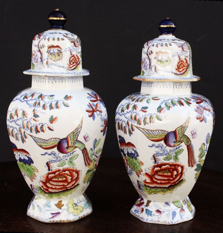 Pair of Mason's Covered Vases - Longtail Pheasant Pattern (Individually Priced)