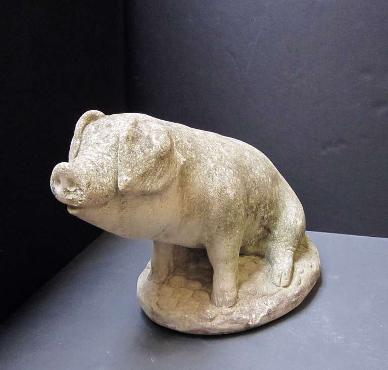 A handsome English garden stone pig or hog, modeled on its haunches, on raised oval base.

Perfect for a garden room or conservatory.